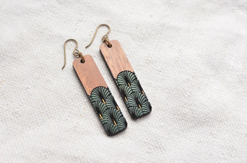 Art Deco Style Niobium and Wood Rectangle Bar Dangle Earringsfeatures Hypoallergenic French Hooks, Engraved and Painted Fan in gold & green image 9