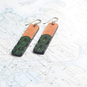 Art Deco Style Niobium and Wood Rectangle Bar Dangle Earringsfeatures Hypoallergenic French Hooks, Engraved and Painted Fan in gold & green image 2