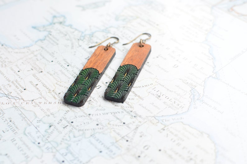 Art Deco Style Niobium and Wood Rectangle Bar Dangle Earringsfeatures Hypoallergenic French Hooks, Engraved and Painted Fan in gold & green image 2