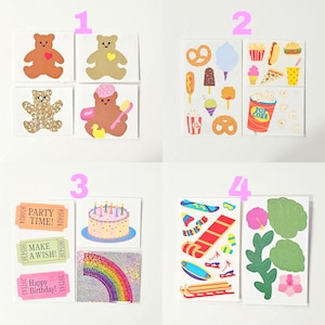 May include: A collection of four sticker sheets featuring various designs including teddy bears, carnival food, party tickets, a birthday cake, a rainbow, winter sports equipment, and tropical leaves, organized into four numbered sections.