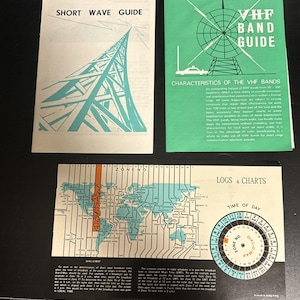May include: Three vintage radio guides. The top left guide is white with the text "SHORT WAVE GUIDE" and a teal illustration of a radio tower. The top right guide is green with the text "VHF BAND GUIDE". The bottom guide has a world map and a time of day dial.