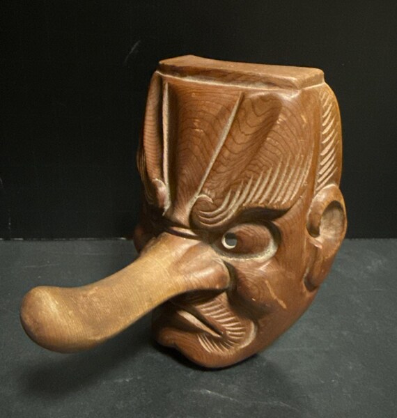 Preowned Tengu Mask Japanese Antique Wood Carving Wooden One Stroke Carving