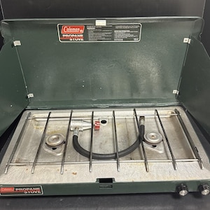 Preowned Coleman Two Burner Propane Stove Case Camping Tailgate 5430A740 USA READ DESCRIPTIONVintage