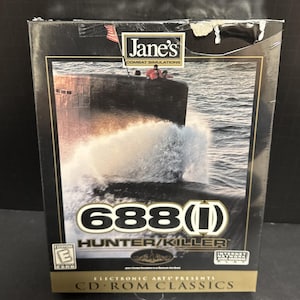 May include: A sealed CD-ROM game box for "688(I) Hunter/Killer" by Jane's Combat Simulations. The box features a submarine on the water, with the game title in large white letters. The Electronic Arts logo is visible.