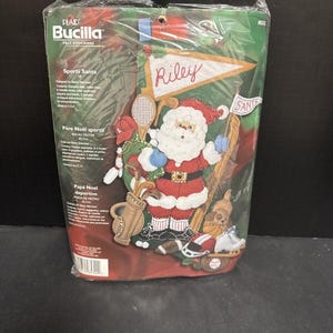 Preowned Bucilla Sports Santa Felt Christmas Stocking Kit OOP Original Sealed 18” USA