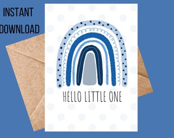 Hello Little One Blue Rainbow Baby Printable Greeting Card