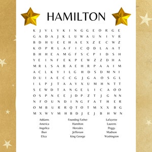 May include: A gold and white word search puzzle with the word "HAMILTON" at the top. The puzzle features names of characters and places from the musical Hamilton.