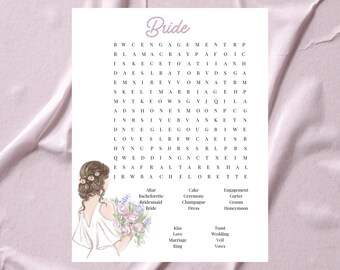 Bride Word Search, Bride With Flowers Word Search, Bridal Shower Game, Bridal Shower Ideas