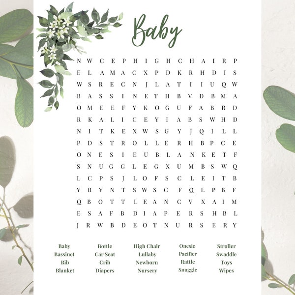 Eucalyptus Baby Shower Word Search Game, Baby Shower Game, Greenery Baby Shower Ideas