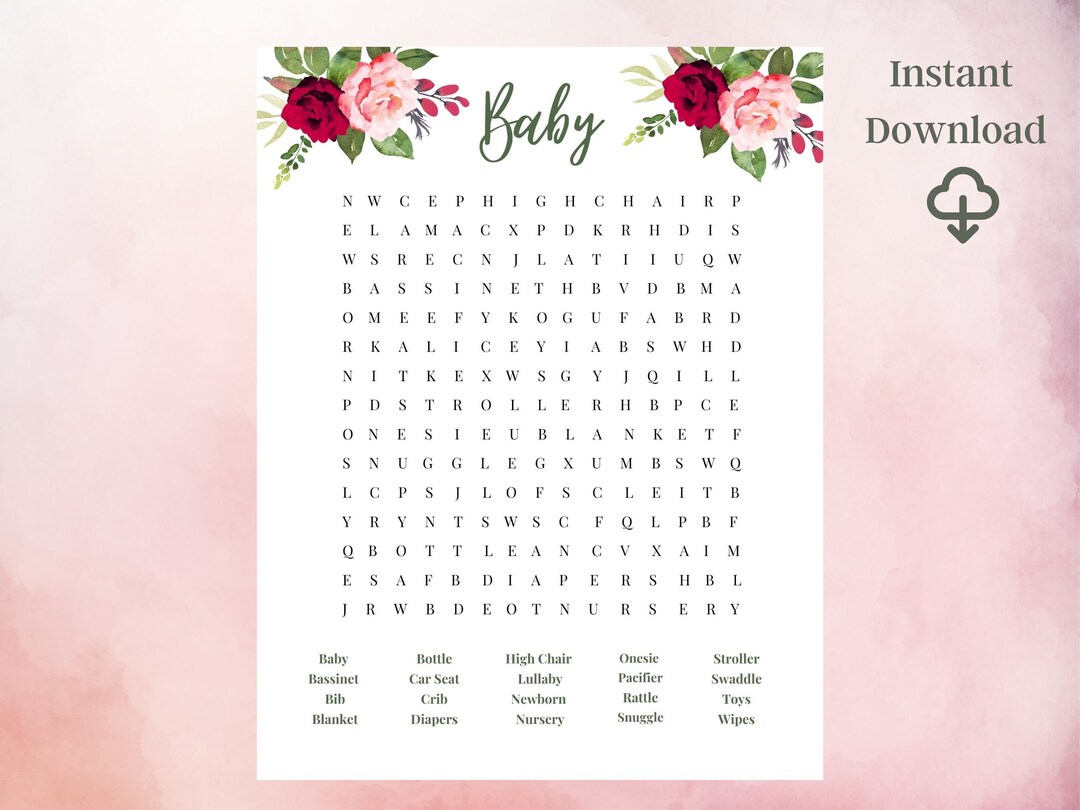 Rose Baby Word Search, Baby Shower Word Search Game, Printable Word ...