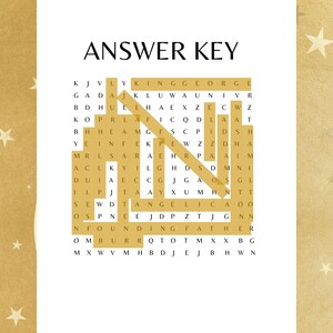 May include: A black and white word search puzzle with the title "ANSWER KEY". The puzzle features words related to royalty, history, and the British monarchy.