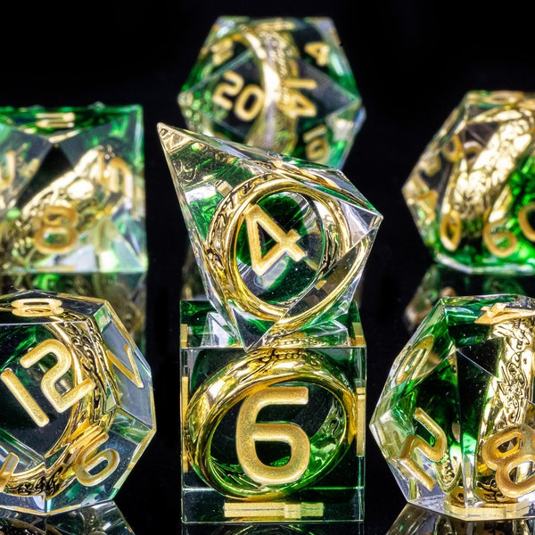 Lord Dice with Ring, DnD Dice Set Sharp Edge, Polyhedral Dice, Role Playing Games Dice, Dungeons and Dragons, Table Top, Green Dice