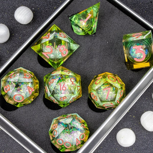 Memories of Spring | Liquid Core Dice, DnD Dice Set of 7, Sharp Edge Liquid Dice, dungeons and dragons, RPG Dice, Pink and Green Dice