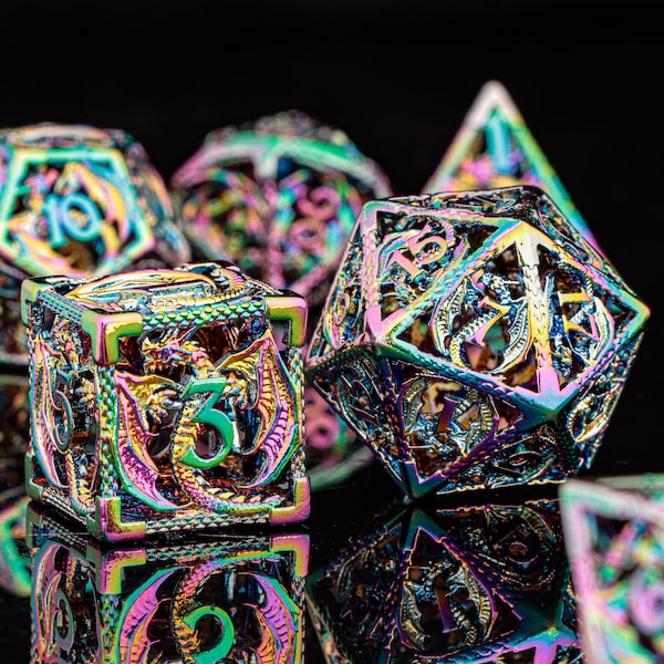 Rainbow Dragon Dice, Dnd dice set, Hollow Dice, metal dnd dice, Hollow d20 d6, rpg dice, dungeons and dragons, polyhedral dnd metal dice