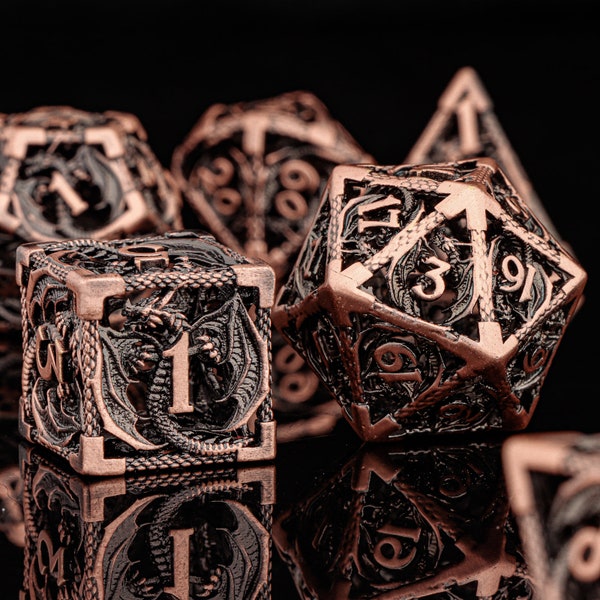 Red Copper Hollow Dice Set of 7 / DnD Dragon Metal Dice Set of 7 / RPG Dice, D and D / Dungeons & Dragons / D20 D12 D10 D8 D6 D4