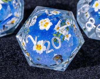 Flowers Dice, Blue Liquid Core Dice, Sharp Edge Dice, dungeons and dragons, RPG Dice, Liquid d20, D and D, Tabletop Games, D&D Gifts