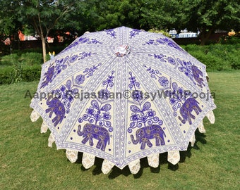 Indian Hand Embrodiery Garden Umbrella ,100% Cotton Brolly Decorative Garden Parasol , White & Purple large Size Garden Umbrella