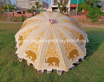 Indian Hand Embrodiery White & Mustard Color Garden Umbrella ,Brolly Decorative Sunshade Garden Parasol, Large Size  Cotton Beach Parasols