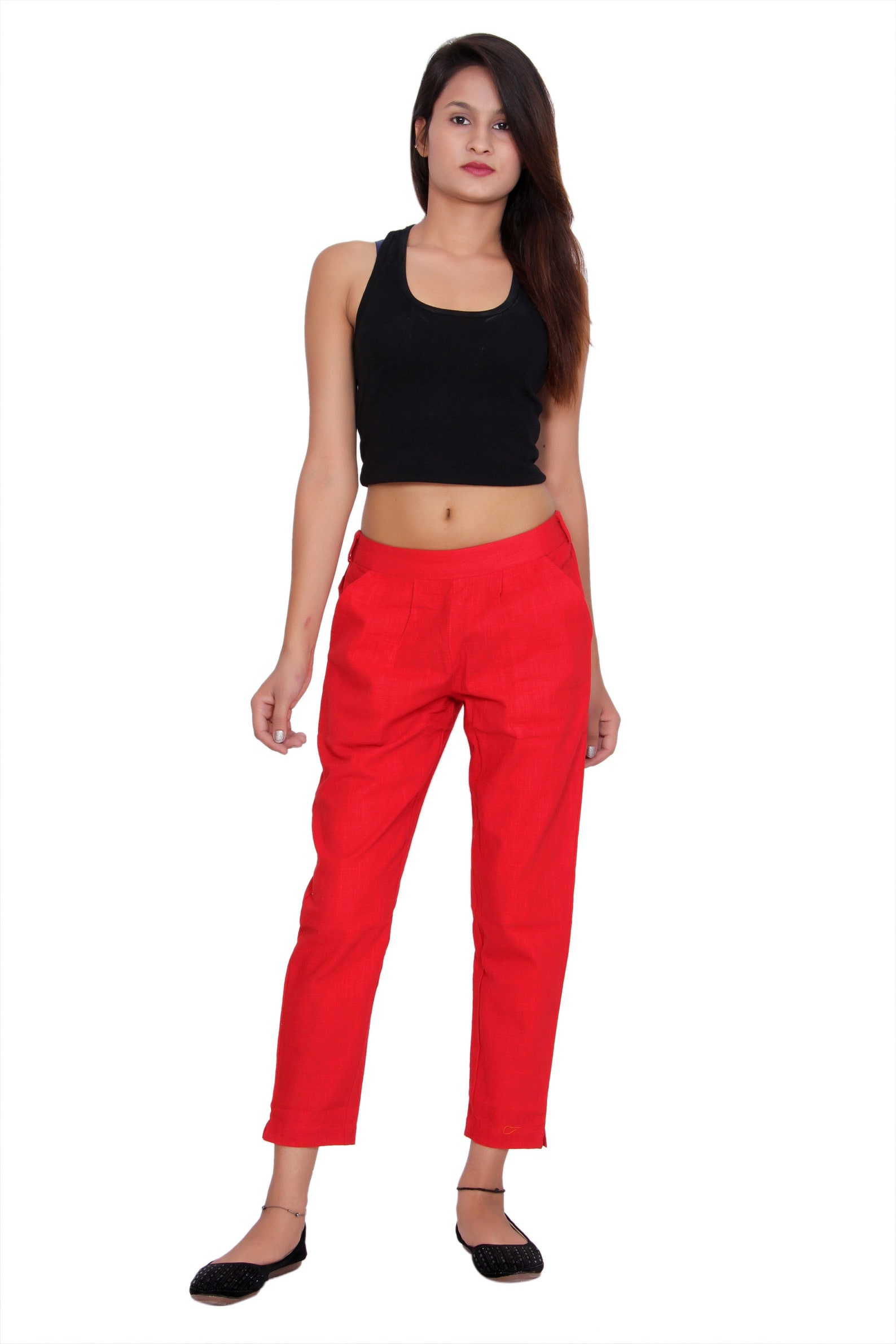 100 Cotton Women's Wear Trousers Red Casual Pants ankle Etsy