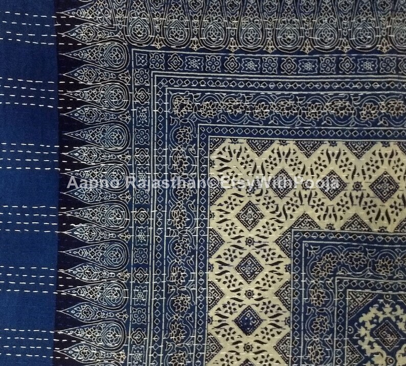 Blue Kantha Quilt King Size Hand Stitch Kantha Ajrakh Bedcover Etsy