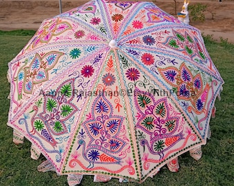 Hippie Indian White Multicolour Garden Umbrella,New Large Size Patio Parasols,Beautiful lawn Umbrella, 72 Inch Handmade Garden Umbrellas