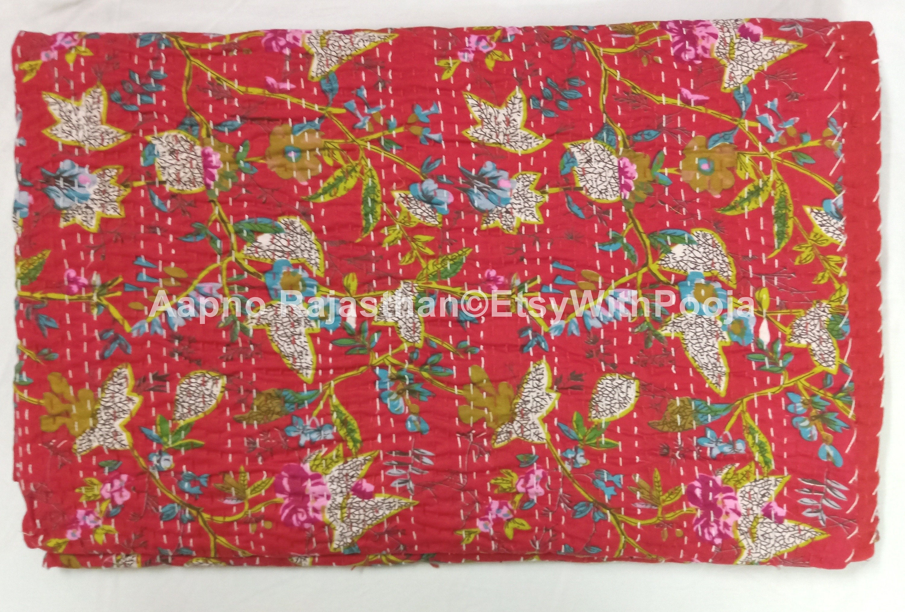 Yuvancrafts Colcha De Algodón Indio Kantha Con Estampado Floral A Mano Manta Individual
