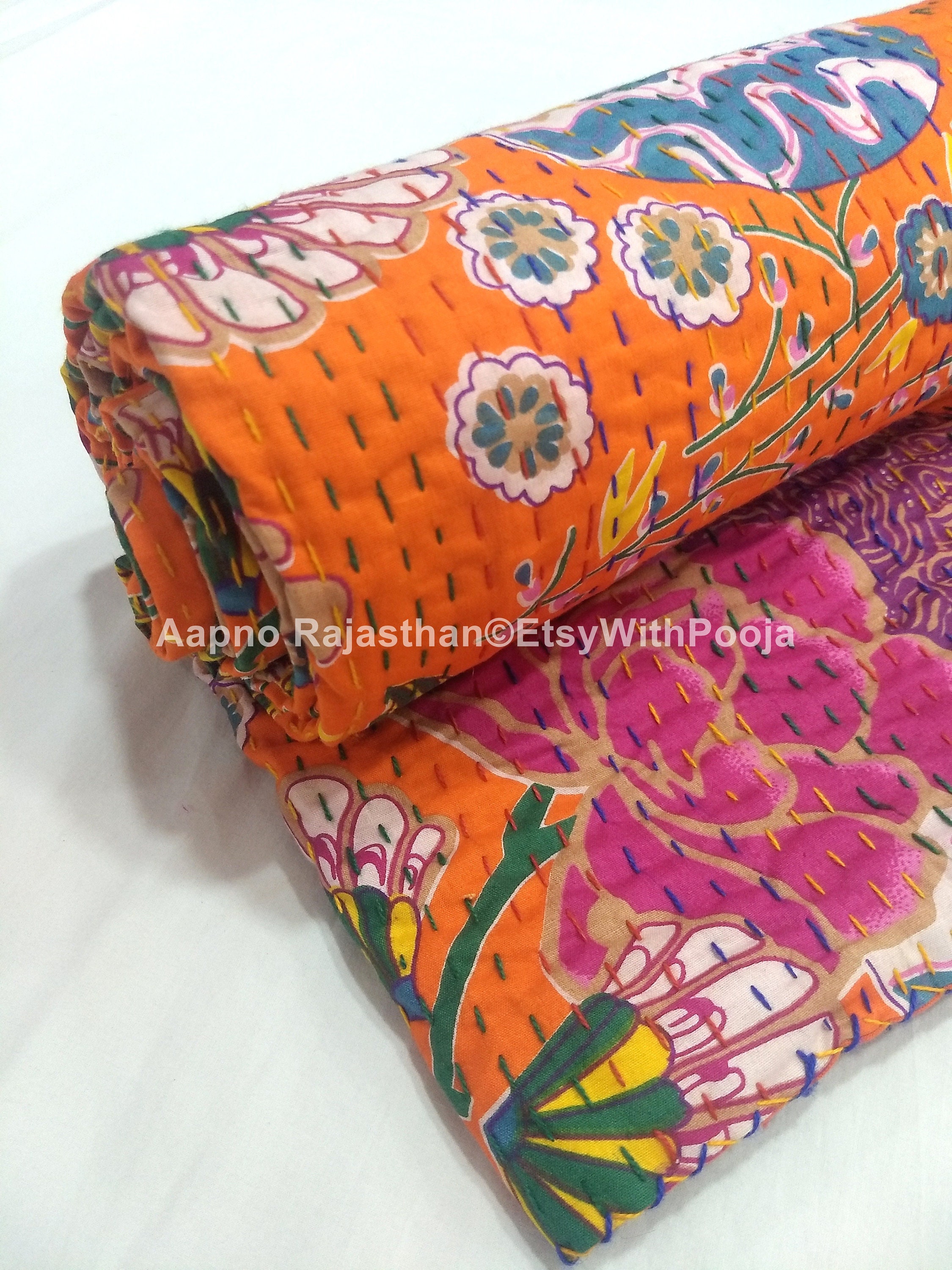 Hippie Beautiful Orange Multi Color Fruit Print Kantha Blanket - Etsy