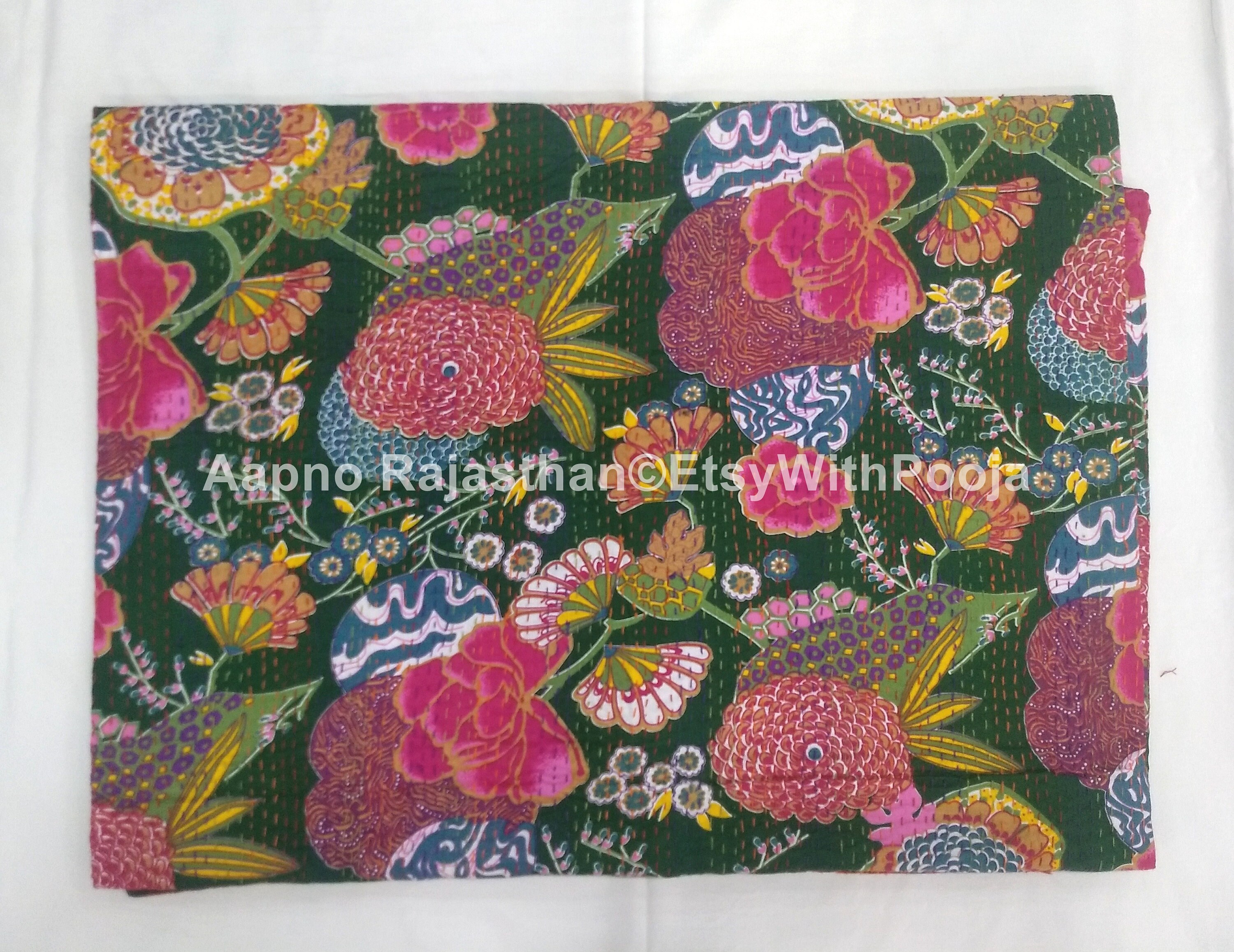 Yuvancrafts Colcha India Hecha A Mano Con Estampado Floral Kantha