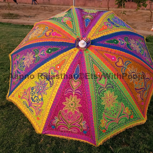 Indian Hippie Multi Color 72" Garden Umbrella, Ethnic Embroidered Decorative Sum Roof Parasols Table Umbrellas, Patio Umbrella Parasol Decor