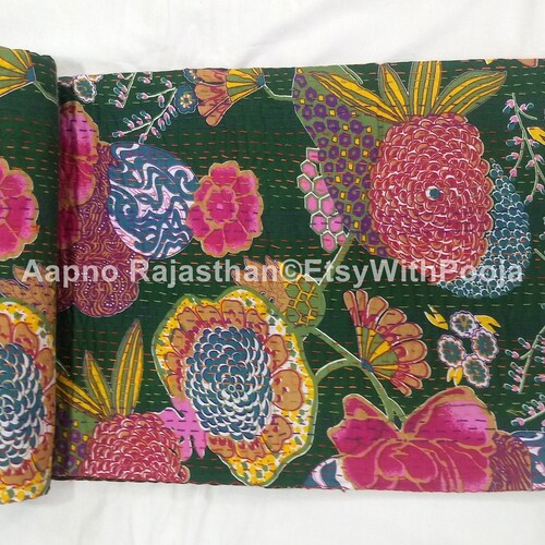 100 % Pure Cotton Bed Cover Reversible Queen Size Kantha Bedspread Throw Comforter Kantha Quilts deals Indian Natural Cotton Green Kantha Blanket