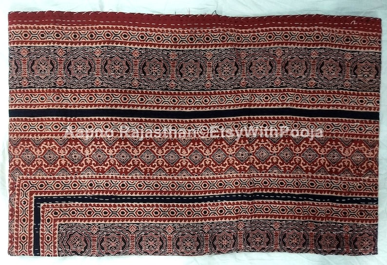Red Kantha Quilt Full Size Hand Stitch Kantha Ajrakh Bedcover Indian