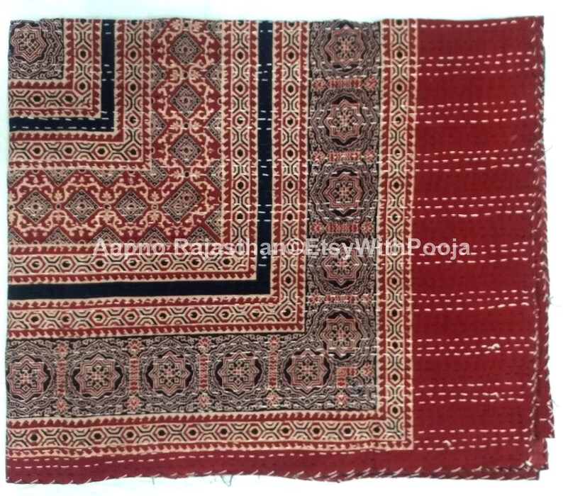 Red Kantha Quilt Full Size Hand Stitch Kantha Ajrakh Bedcover Indian