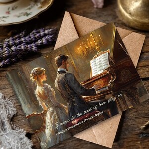 Inspiré de l'ère victorienne, carte imprimable 7 x 5 romantique victorienne, sérénade élégante au piano, citation de William Shakespeare, téléchargement numérique instantané