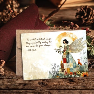 Tarjeta digital para toda ocasión inspirada en el folclore, escena de la naturaleza angelical de 7 x 5 para imprimir con cita de W.B. Yeats, saludo caprichoso y sereno