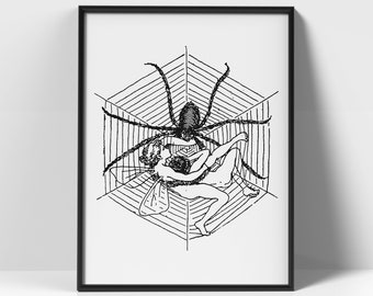 Spider Web Drawing Art Printable, Printable Wall Art, Elegant Black and White Spider Web Poster, Minimalist Illustration Print.