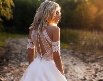 Bohemian and Vintage Wedding Dresses - Lace top Design with  Satin fabric