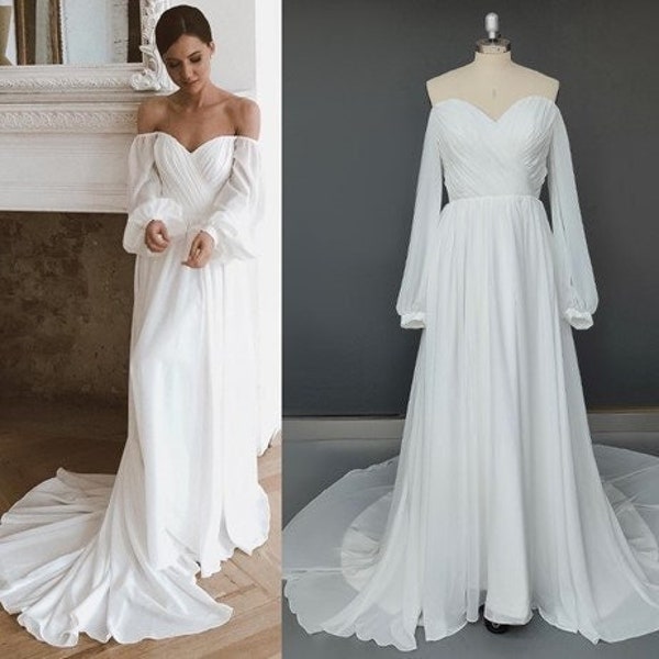 Sweetheart with off shoulder Long Sleeve A-Line Sweep Train Chiffon Elegant Bohemian Open Back Wedding Dress Wedding Bridal Gown