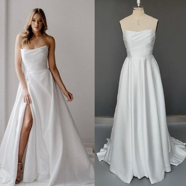 Simple and Classic Strapless Sleeveless A-Line Sweep Train Slit Open Back Pleating Satin Wedding Dress