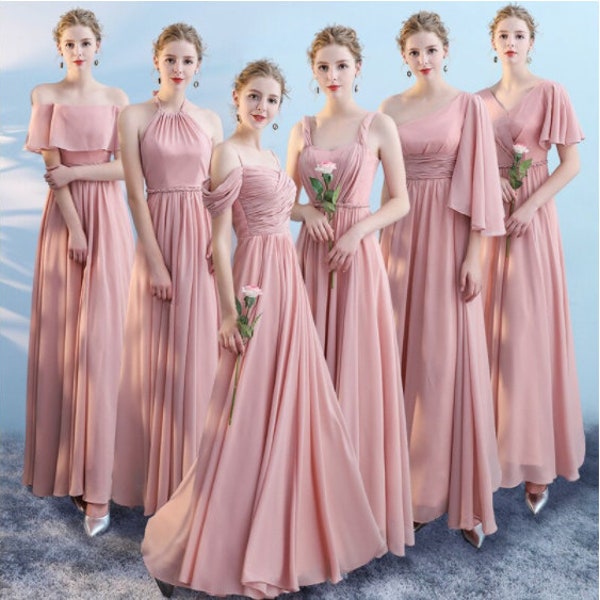 Bridesmaid Dresses Pleated Floor Length for Country/ Beach Wedding Party (Pink & Gray)