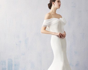 Off-shoulder Short Sleeve Mermaid Satin Civil Wedding Dress For Wedding Occasion