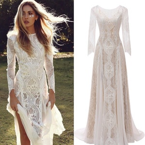 Bohemian Style Wedding Dress - Long Sleeve, Backless, O-Neck, Lace