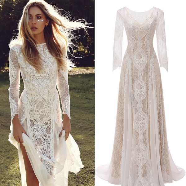 Bohemian Style Wedding Dress - Long Sleeve, Backless, O-Neck, Lace