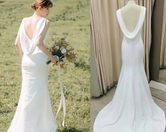 Sleeveless White Backless Satin bridal gown - Simple & Elegant Mermaid Wedding Dress