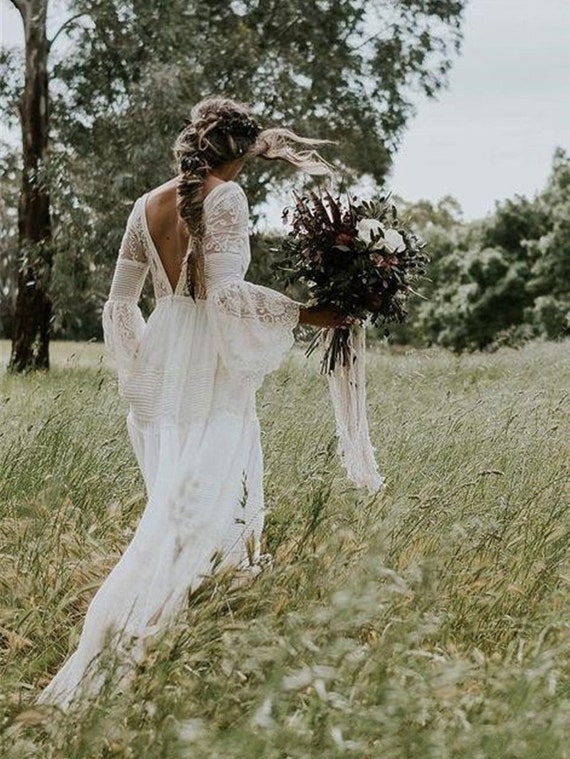 Boho Bridal Dresses - Lace Bride Dress with Long Sleeves, A-Line, Backless, Pleats for Beach \u0026 Country Wedding