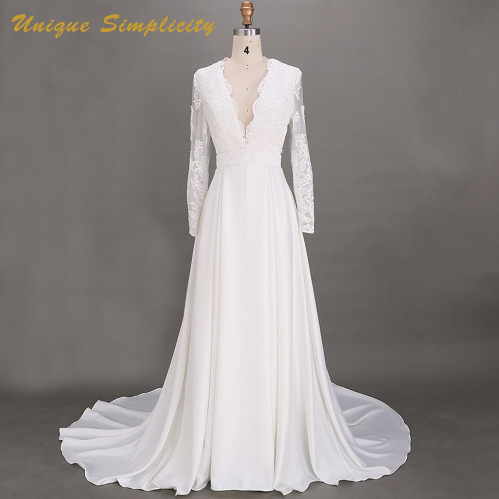 Boho Wedding Dresses Long Sleeves Elegant Open Back Lace | Etsy