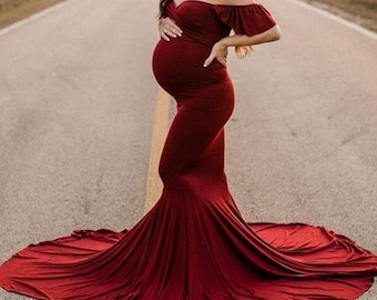 Off the Should with Ruffled Sleeve Maternity Dress / Mermaid Gown/Pregnancy Dress Photography /Pregnant Women Clothes