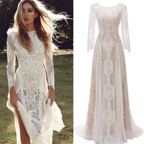 Boho Beach Wedding Dress A-line V-neck Long Sleeve Lace - Etsy