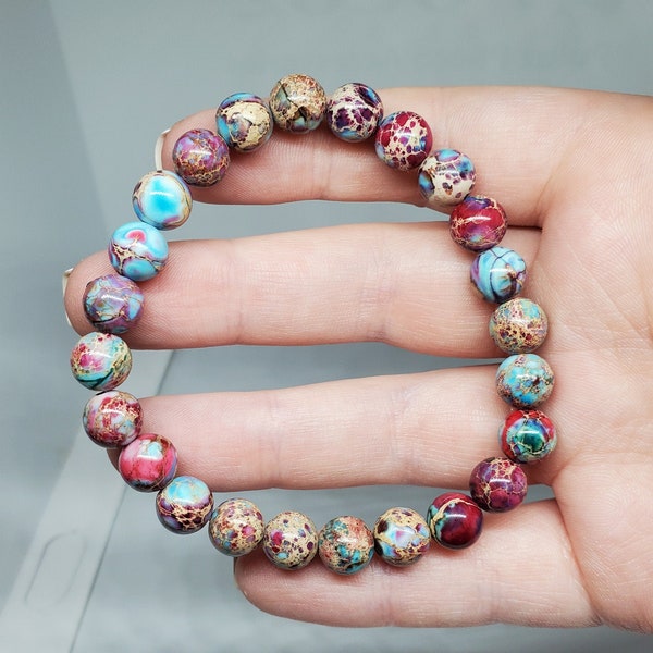 Galaxy Sea Sediment Jasper Bracelet. Blue. Purple. Pink. Turquoise. Beige. Stars. Space. Planet. Peace. Clarity. Love. Healing. Chakra.