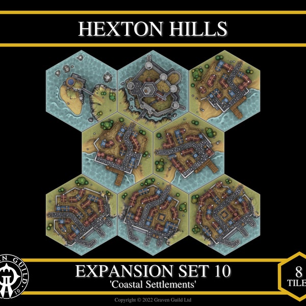 Hexton Hills Erweiterungs Set #10 - 'Küstensiedlungen' für Tabletop-Rollenspiele | D&D, Pathfinder, Warhammer, Fantasy, Hex Crawl, und viele mehr!