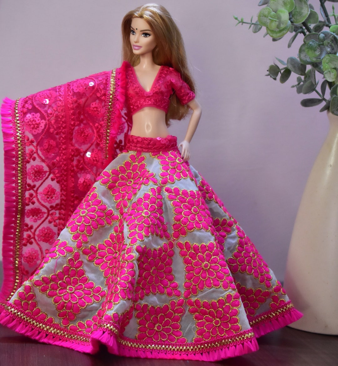 Barbie Pink Mirror Work Embroidered Wedding Lehenga Choli